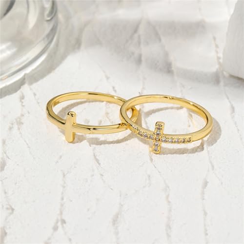 YBMYCM Cross Gold Rings, Dainty Stackable Ring Set 18k Gold Plated Thin Crystal Cross Finger Rings for Women Statement Rings Wedding Bands Rings Size 6-10