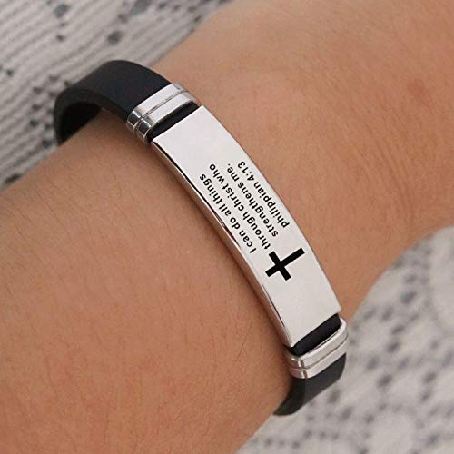 Inspirational Quote Cross Bracelets Faith Christian Bible Verse Silicone ID Wristband Religious Gifts for Men Women Stainless Steel Rubber Adjustable - style: I can do all things through christ who strengthens me