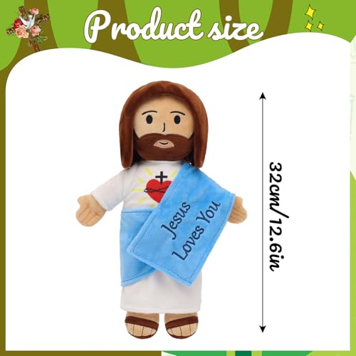 13" Jesus Loves You Plush Toy, Heart of Jesus Plushie Savior Stuffed Doll - color: Blue With Text