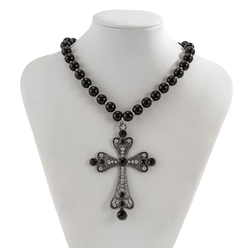 Pearl Cross Necklace Big Cross Pendants Necklaces for Women Chunky Pearl Necklace Gothic Cross Necklace Punk Vintage Cross Jewelry Women - style: Black