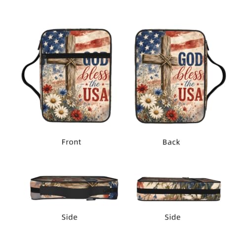American Flag Cross Bible Cover Case with Handle and Zippered Pocket - color: American Flag Cross
