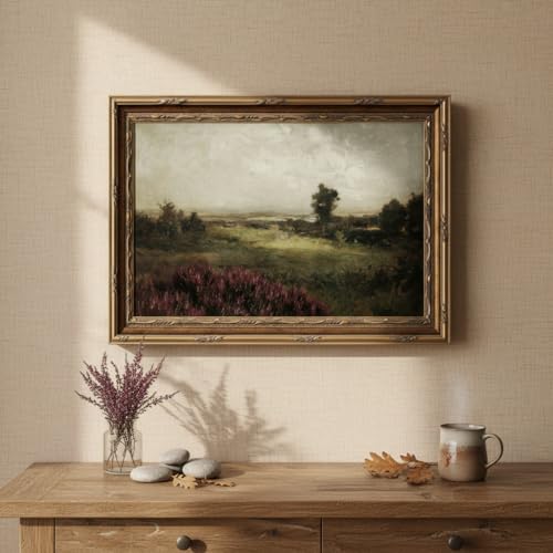 Vintage Gold Framed Landscape Wall Art, Moody Countryside Scenery Canvas Picture, Antique Nature Meadow Poster Decor for Living Room Bedroom, Hook and Loop Included (12x16in / 16x24in) - color: landscape, size: 16"L x 12"W