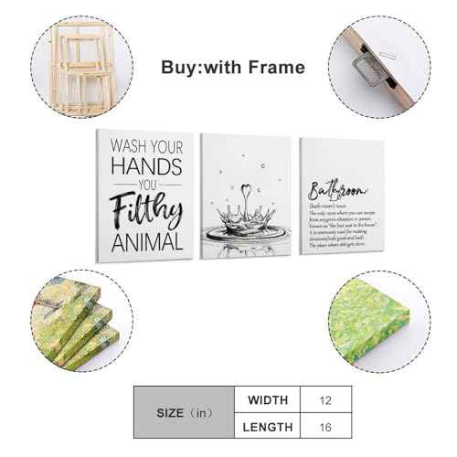 BAEMEFLE 3pcs Black and White Bathroom Canvas Wall Art, Minimalist Water Splash & Funny Quote Prints, Modern Restroom Decor Ready To Hang for Kid's Washroom (BATHROOM, 16" L x 12" W) - color: BATHROOM, size: 16"L x 12"W