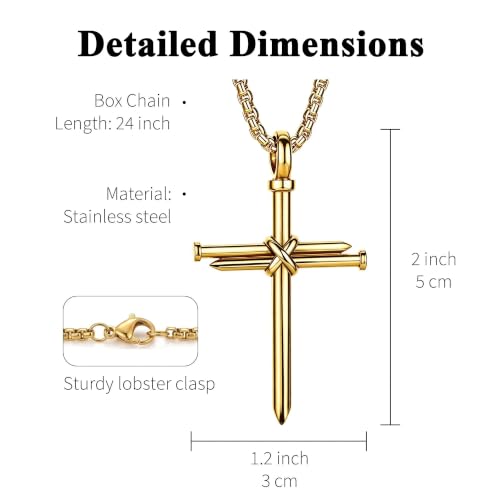 Men's Nail Cross Crucifix Necklace, Stainless Steel Nail Cross Pendant with 24 Inch Box Chain, Silver/Gold/Black Religious Christian Jewelry Gift for Baptism Father's Day Birthday - color: Gold