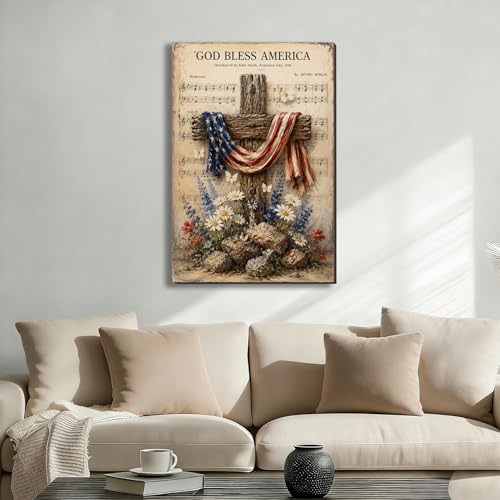 Ship Next Day – Patriotic Canvas Wall Art, God Bless America Cross with Flag, Rustic Country Farmhouse Decor, Wildflowers and Rocks, Americana Framed Prints for Bedroom - color: P60, size: 12"L x 8"W