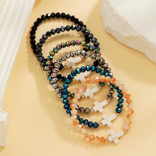 5Pcs Set Cross Beaded Crystal Turquoise Colorful Stretch Bracelet Christian Matching Strand Bracelet for Women Holiday Bohemian Boho Jewelry Multilayered Handmade - color: D
