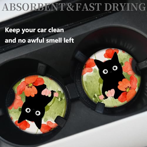 Car Coasters for Cup Holders,Balck Cat Cute Car Assecories for Women,Pack of 2 Cup Holder Coasters for Car,2.75" Anti Slip Rubber Car Cup Mat with A Finger Notch. - color: Black Cat