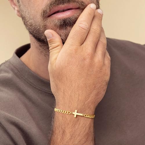 M MOOHAM Cross Bracelet for Men, Silver/14K Gold Plated Mens Bracelet - color: " 14K Gold Plated Cuban Chain-8.3Inch