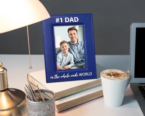 WaaHome Fathers Day Gift for Dad from Son Daughter - 4x6 Blue Leather Fathers Day Picture Frame, Number 1 Dad Gifts for Home Living Room Party Office Desk Decor - color: 3-Dad 4x6