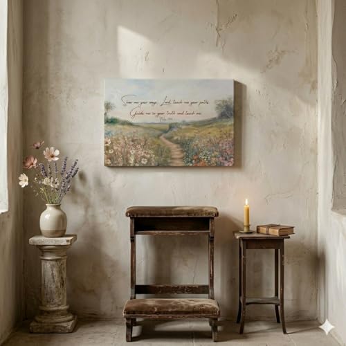 Bible Verse Wall Art Canvas Framed Christian Wall Decor Psalm 25 4 Scripture Wall Art Vintage Wild flower Path Landscape Art Prints Poster Picture for Living Room Bedroom Church Home Decoration - color: Bible Verse, size: 24x16 Inch