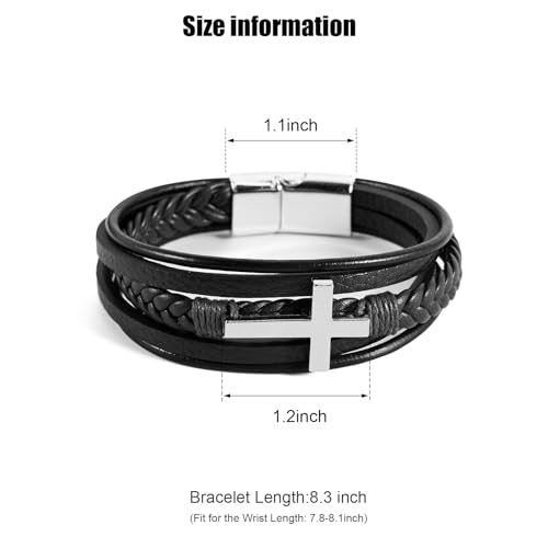 Leather Bracelet for Men Braided Stainless Steel Mens Bracelets - color: Black-SilverCross