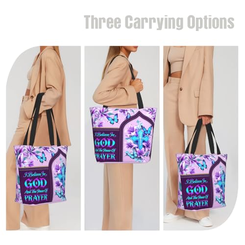 Bible Tote Bags for Women Christian Tote Bag Church Shoulder Bag Inspirational Bags With Zipper Christian Gift - color: I Believe in God