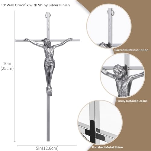 ACHIBANG Crucifix Wall Cross, 10 Inch Silver Catholic Jesus Home Decor - color: Shiny Silver
