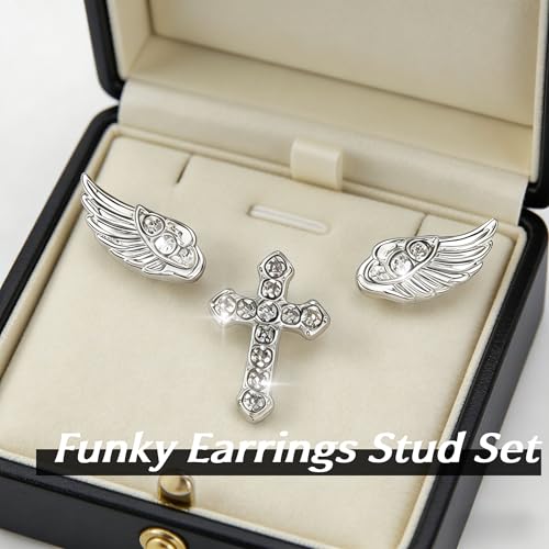 Sterling Silver Angel Wing & Cross Stud Earrings Set - Sparkly Rhinestone Helix Piercing Jewelry, Gothic Punk Cartilage Studs for Women Men Daily Wear