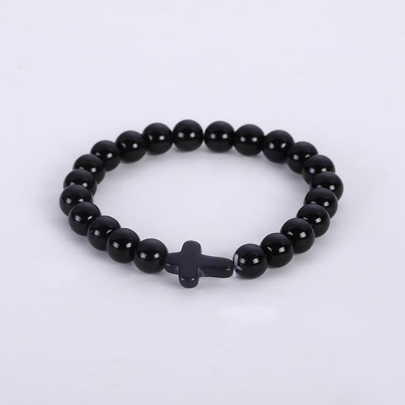 FORUBUS Lava Rock Stone Beaded Bracelet, Cross Charm Natural Volcanic Stone beads Turquoise Stretch Bracelet for Women Men Religion Jewelry Pray Baptism Gift - color: 1pcs black light