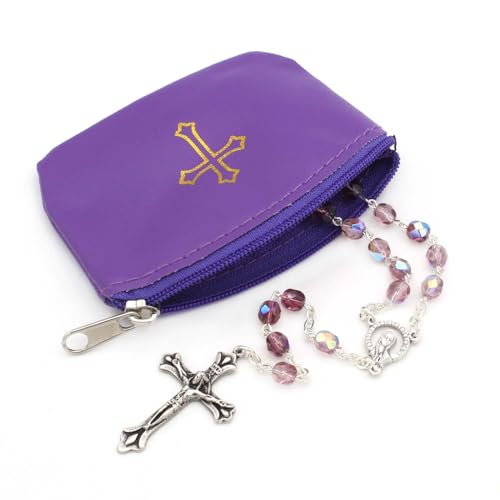 Violet Rosary Pouch with Zipper & Gold St. Thomas Cross Imprint | Compact Leatherette Rosary Case for Small to Medium Rosaries | Protective Travel Rosary Holder for Men & Women - color: Violet