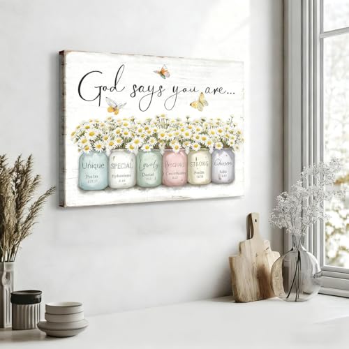 Inspirational Bible Verse Wall Art God Says You Are Sayings Wall Decort Christian Gift Quotes Painting scripture Pictures Print Flowers in Mason Jar Poster for Women Girls Bedroom(24x16 Canvas) - color: white-canvas, size: 24"L x 16"W