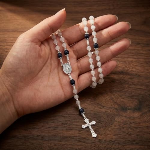 Nazareth Store 8mm White Jade & 10mm Natural Stone Beads Rosary Necklace St. Miraculous Medal & Cross Crucifix Catholic Prayer Beads Religious Jewelry - color: Lapis lazuli