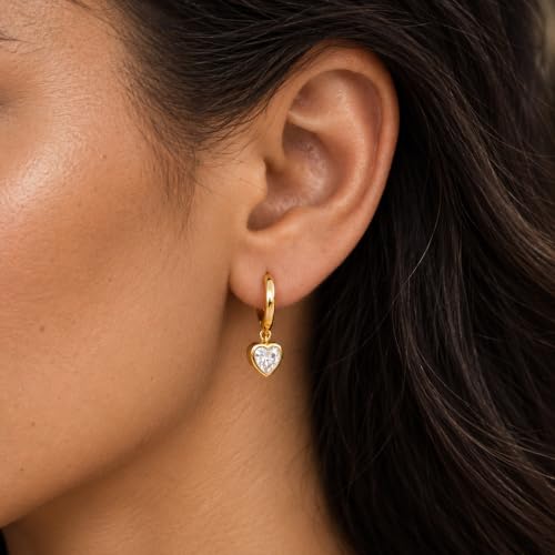 Dangle Earrings for Women, Dainty Huggie Hoop Dangle Earrings - color: CZ Heart 01 Dangle Gold