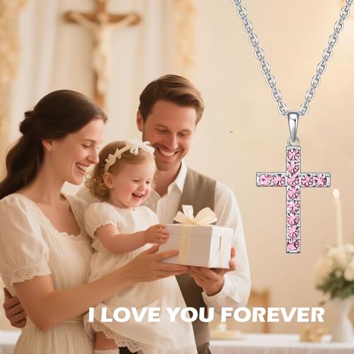 Birthstone Cross Necklace for Women,First Communion Gifts Easter Baptism Cross Jewelry Pendant Gift - color: 10October-Tourmaline Pink