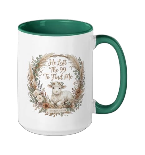 He Left the 99 to Find Me Christian Lamb Bible Verse Matthew Ceramic Mug, Dark Green/White, 15oz - color: Dark Green/White, size: 15 Ounces