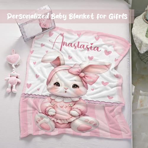 Personalized Baby Blanket for Girls, Custom Baby Blanket with Name, Customized Name Blankets for Kids, Soft Cozy Rabbit Receiving Blankets for Infant Toddler, Babys Gifts for Birthday - color: Cute Bunny