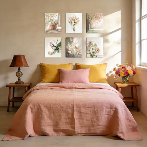 HOURIA 6Pcs Pastel Spring Framed Canvas Wall Art(12”x16”),Pink Tulip Floral Botanical Bird Wall Decor,Spring Decorations for Home Office - color: Spring Floral Wall Art, size: 12X16inches