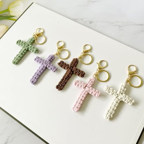Pingyongchang Handmade Weave Cross Keychain Boho Macrame Jesus Christian Charm Keychain for Women Men - color: Brown