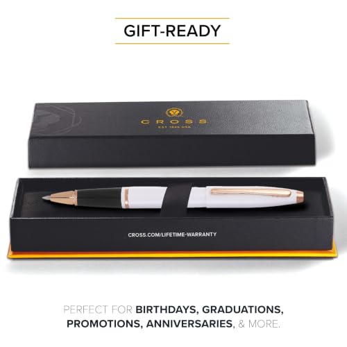 Cross Calais Rollerball Pen, White with Rose Gold, Medium Point, Black Ink - color: White