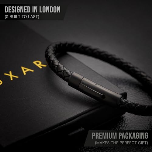 LUXAR Men’s Bracelet - Genuine Black Leather Bracelet with Stainless Steel Clasp or 8mm Matte Black Onyx Stone Bead Bracelet - Minimalist Designer Jewelry for Men - color: Black Leather Round Clasp, size: Medium