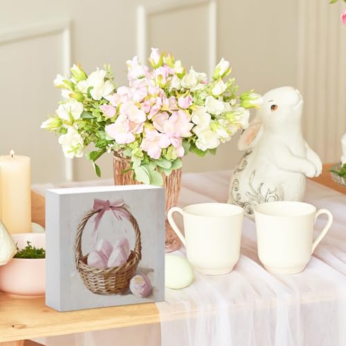 Pink Bow Easter Egg Wood Box Sign Desk Decor, Pink Easter Theme Wooden Block Box Sign Decoration for Home Office Shelf Table Decor 5x5 - color: 03-Easter-Pink(01)