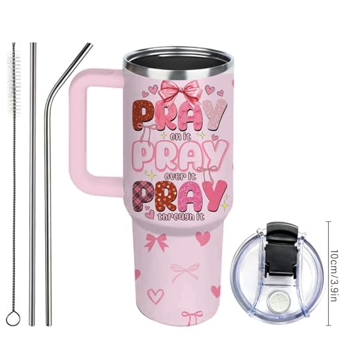 Pink Christian Inspirational Tumbler, Pray Over It Bible Verse Gifts, Christian Gifts for Women, Daily Prayer Pink Tumbler With Handle Jesus Cup 40oz - color: Christian/Pray Over It