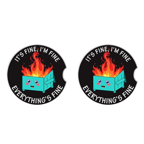Car Coasters for Drinks Absorbent,2 Pack Cup Holders,2.56" Ceramic Stone & Non-Scratch Cork Base Coasters,Auto Accessories for Women & Men,Fire Dumpster It's Fine I'm FineEvervthing - color: Black