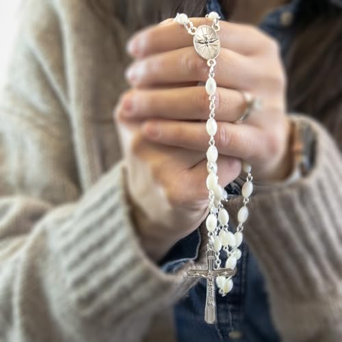 Catholic Rosary For Men & Women - 22.5" Rosary Necklace From The Holy Land Of Jerusalem - Catholic Rosary With Olive Wood & Mother of Pearl Rosary Beads & Crucifix Dangle - color: Confirmation