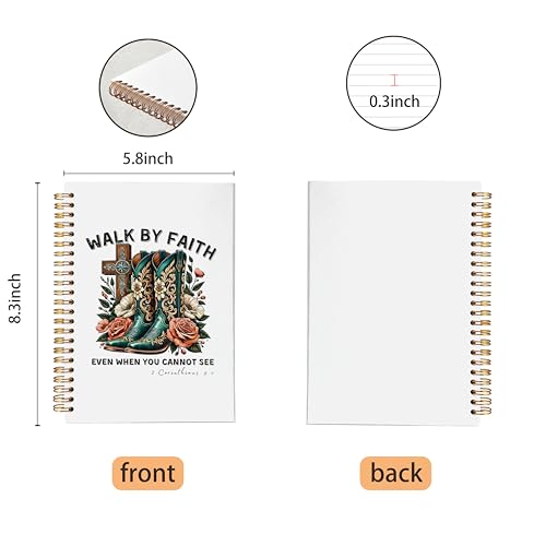 VNWEK Christian Floral Cowgirl Boots Spiral Notebook Journal 5.5 x 8.3 Inch, Western Christian Gifts for Women, Walk By Faith Bible Verse Religious Lined Hardcover Spiral Notebook - color: Christian Floral Cowgirl Boots