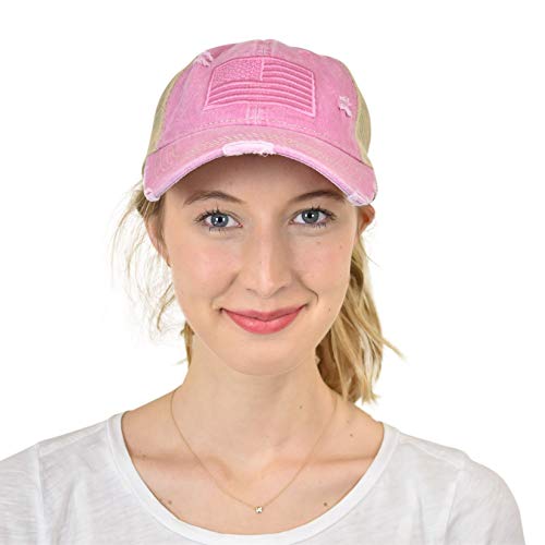 C.C Ponycap Messy High Bun Ponytail Adjustable Mesh Trucker Baseball Cap Hat - color: Criss Cross Mesh Flag Sweet Pink