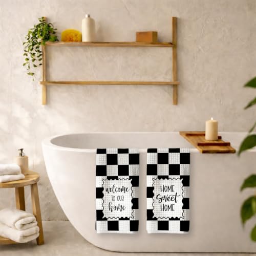 Black White Check Welcome Home Sweet Home Kitchen Towels Set of 2 - color: Sweet Home D
