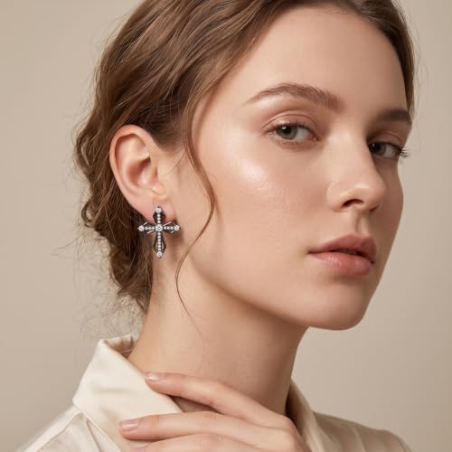 Sterling Silver Dainty Cross Earrings For Women, Christian Religious Faith Cubic Zirconia Stud Earrings - color: black