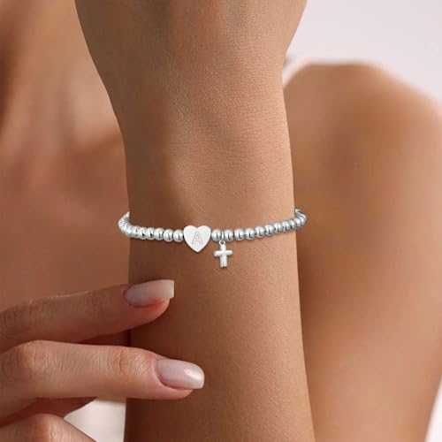 Initial Cross Bracelet for Women Heart Beaded Bracelets for Women Girl Gift - color: Silver-A