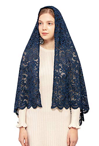 Wgior Rectangular Chapel Veil Scarf Catholic Church Veils Mantilla Wrap Shawl Mass Head Covering - color: Navy Blue