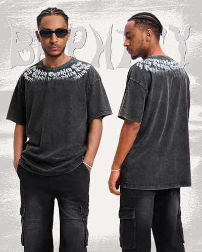 BAPHITY Mens Streetwear Crew Neck Cotton Graphic T Shirt - color: Black Letter, size: Medium
