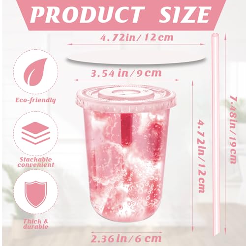 16oz Disposable Stemless Glasses with Flat Lids and Straws,PET Disposable Drinking Cups,Clear Plastic Wine Glasses for Parties Birthday,Wedding,Meeting,Christmas Party Supplies. (100, Pink) - color: Pink