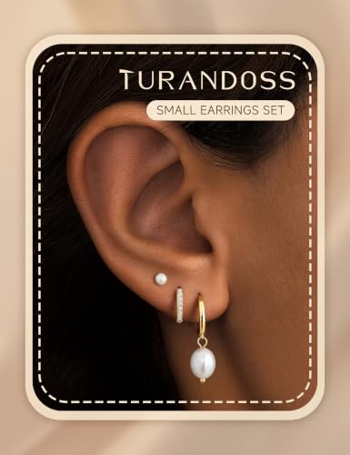 Turandoss Gold Earrings Stack for Women Teen Girls, 14K Gold Plated - color: Pearl Earring(Gold)