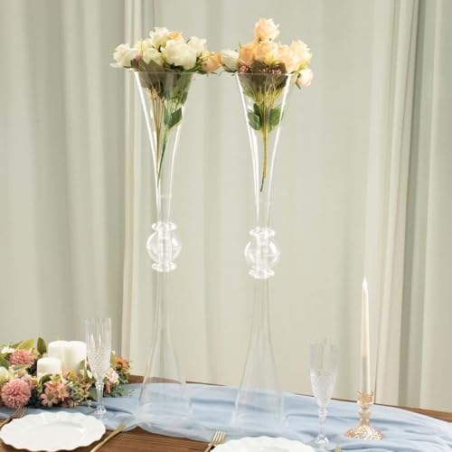 Efavormart 2 Pack | 31" Clear Crystal Embellishment Trumpet Table Centerpiece, Reversible Plastic Flower Vase - color: Clear, size: 31"