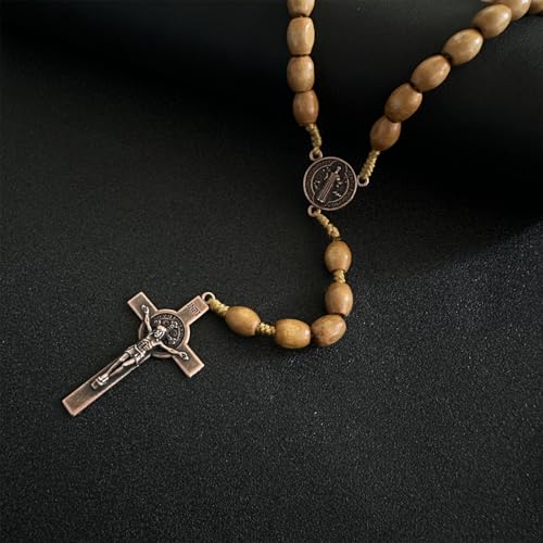 Bovemee Saint Benedict Medal Prayer Pocket Rosary Catholic Brown Wood Beads with Medalla de san benitol and Crucifix, 9 Inch - color: Yellow Benedict NK