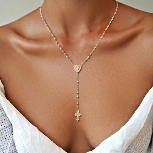 Women's Gold Virgin Mary Necklace, 14k Gold Plated Rosary Bead Cross Chain - style: Rose gold-Style 2