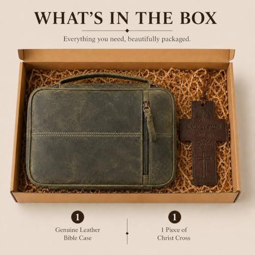 11 x 8 inch Genuine Leather Bible Cover for Men & Bible Case Women Organizer with Handle & Pocket Pen Holder Christian Religious Gift Cross Bookmark Bible Carrying Bag for Church Green - color: Green