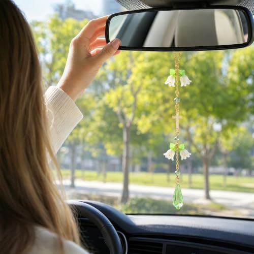 Green Flower Cross Car Rearview Mirror Charm Lily of Valley - color: Yellow Green - Flower