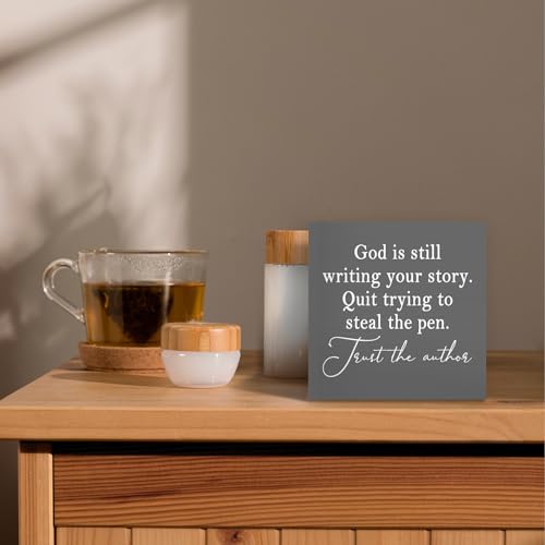 God Is Still Writing Your Story,Wood Box Sign Desk Decor, Christian Scripture Bible Verse Prayer Room Gray Decor Wooden Block Sign Decorations for Home Office Wall Tabletop Shelf - color: Colour 10, size: 5 x 5 in