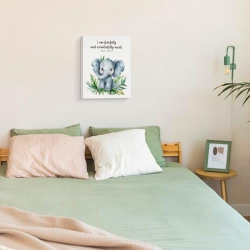 SZERE Woodland Nursery Animals Bible Verse Canvas Wall Art Decor Prints Posters, Cute Baby Elephant Forest Nursery Room Bedroom Bathroom Playroom Wall Art Decor for Nursery Kids Teen Girls Gifts, Christian Psalm 91 Wall Art Classroom Wall Decor, Canvas Fr